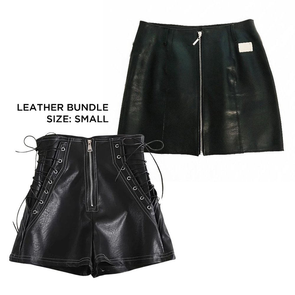 Genuine Leather Mini Skirt & Faux Leather Lace-up Shorts Bundle Set